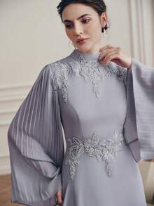 Anewsta Elegant Lightweight Gray Stand Collar Applique Sleeve Pleated Waist Flowing Long Sleeve Dress For Women, Spring/Summer - Light Grey - View 5