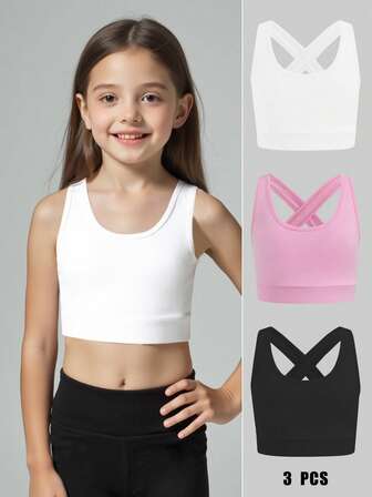 SHEIN Set de 3 piezas de top de tirantes activo para niñas jóvenes, diseño de espalda cruzada de alta elasticidad y transpirable, adecuado para trotar al aire hacer ejercicio en interiores