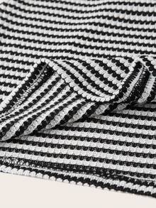 SHEIN LUNE Casual Minimalist Black & White Striped Waffle Knit Sweatshirt Sweatshirt, Suitable For Autumn/Winter Carnival - Multicolor - View 9