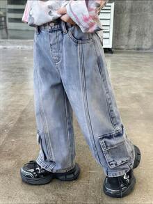 Young Boy Distressed Washed Light Blue Denim Jeans, Relaxed Fit Design With Practical And Fashionable Elements - Medium Wash - View 3