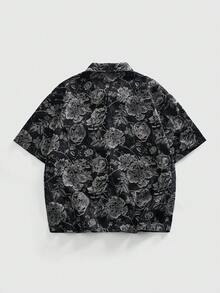 ROMWE MEN Street Life 男士前开襟休闲时尚百搭夏季衬衫，纹理花卉牛仔上衣 - 黑色 - 查看 10