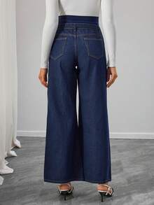Momance Adjustable Waist Loose Fit Maternity Wide Leg Jeans, Navy Blue - Navy Blue - View 2