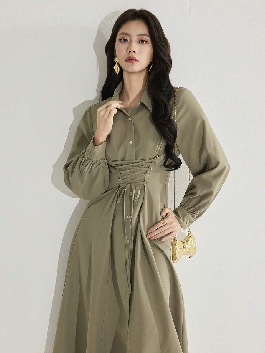 Heiryn Damen einfarbiges langärmliges Midi-Kleid mit Bindedetail, modisch und vielseitig - Olivgrün - Übersicht 1
