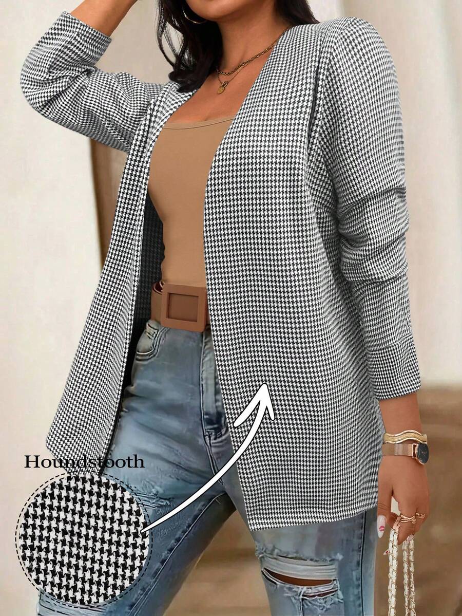 SHEIN Clasi Plus Size Women Houndstooth Wool Blend Short Jacket, Autumn/Winter - Multicolor - View 1