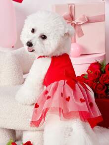 PETSIN 1件可爱宠物情人节红色针织拼接爱心植绒网纱蝴蝶结装饰甜美狗狗连衣裙