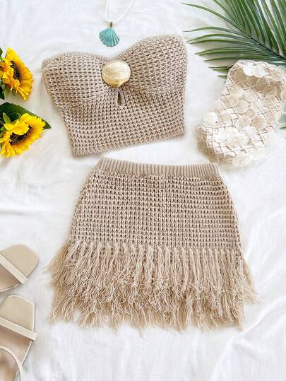 Soleia Women's Vacation 2-Piece Set: Knitted Textured Sweater & Fringed Metallic Accent Mini Skirt, Suitable For Party, Date, Beach Vacation, Summer Outfit, Holiday, Afternoon Tea, Wedding Season, Cruise, City Getaway, Boho Vacation, Music Festival