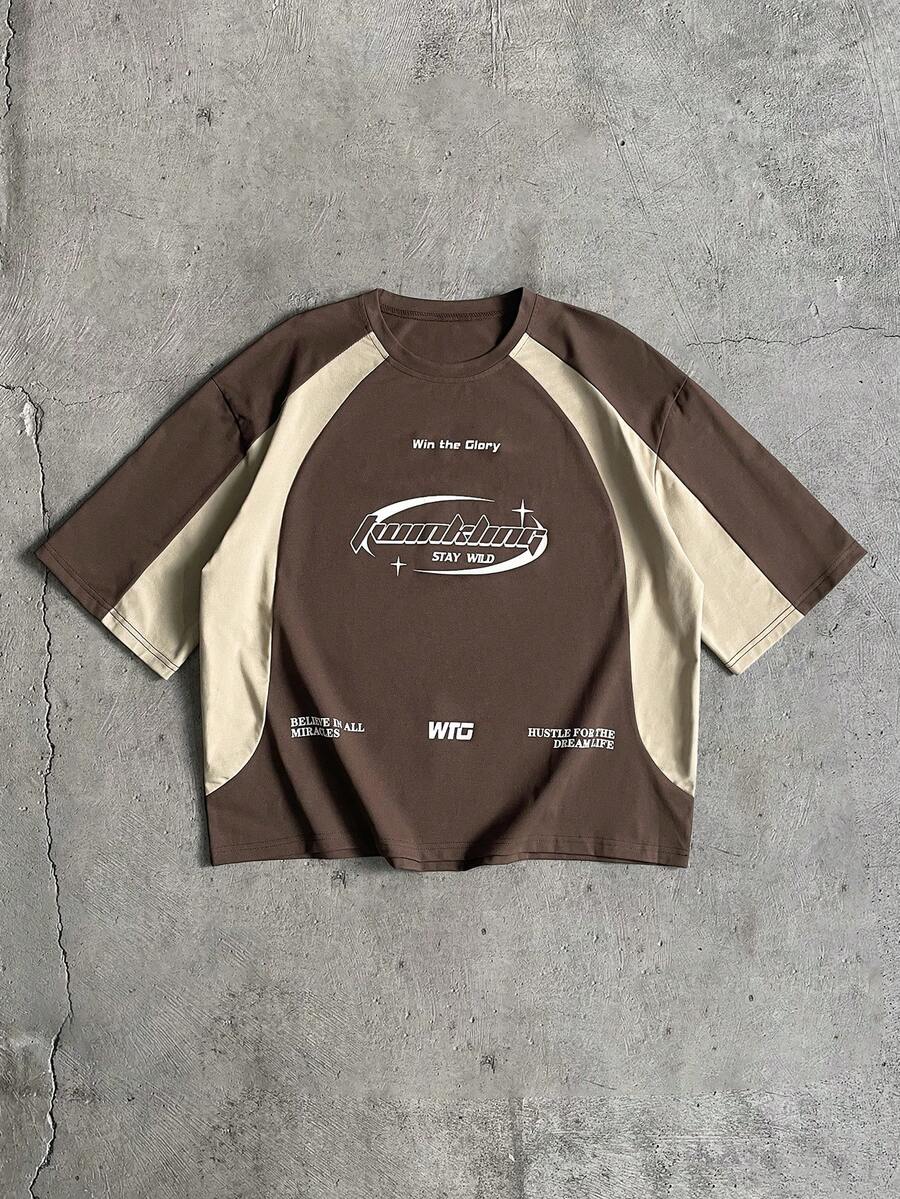 AXEPEAK 男士撞色印花圆领短袖T恤 - 棕色 - 查看 1