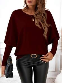 EMERY ROSE Casual Solid Burgundy Women T-Shirt, Suitable For Spring, Autumn And Winter Carnival Burgundy Top Batwing Sleeve Top - Multicolor - View 6