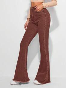 SHEIN Essnce Quần jeans ống loe cạp cao viền thô cổ điển dành cho nữ - Cà phê nâu - Xem 4