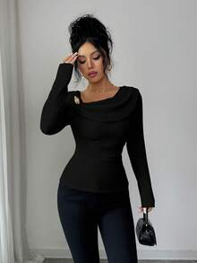 Elenzga Áo thun nữ tay dài cổ bẻ phối gân kim loại mới thanh lịch và trẻ trung - màu đen - Xem 5