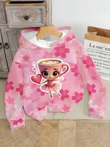 女童休闲时尚创意卡通杯和芭蕾女孩爱心图案印花连帽卫衣，百搭秋冬 - 彩色 - 查看 4