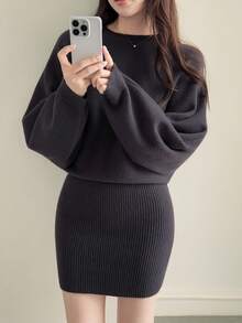 DAZY 女士休闲宽松修身毛衣连衣裙 - 深灰色 - 查看 5