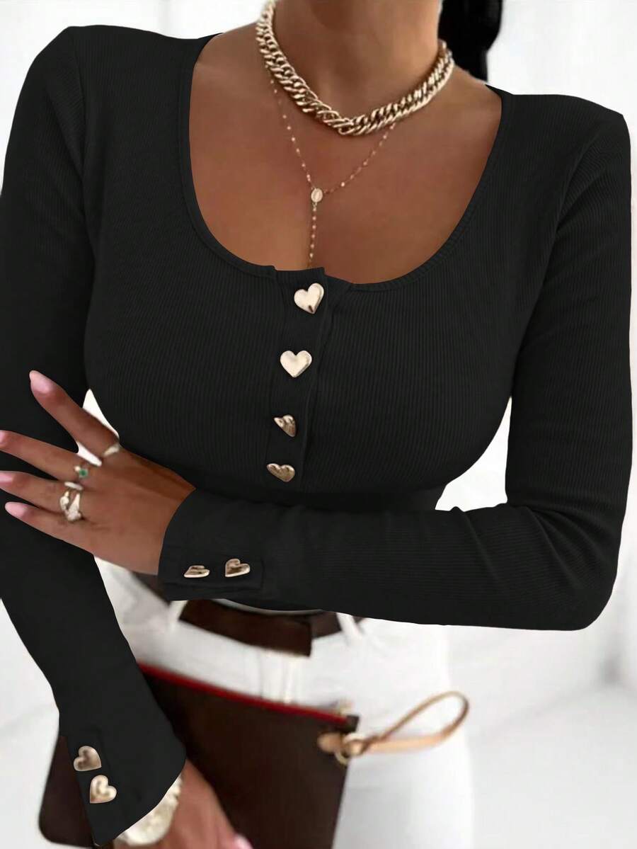 Silhoulove Fitted Sexy Round Neck Half-Open Front Heart Button Casual Long Sleeve Women T-Shirt - Black - View 1