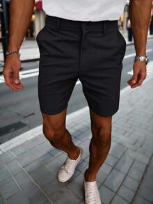 Manfinity Homme 男士夏季休闲纯色修身短裤，适合送给丈夫、男朋友的礼物 - 黑色 - 查看 5