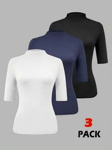 INAWLY Camiseta de mujer de unicolor, cuello alto, casual y versátil de manga corta - Multicolor - Ver 1