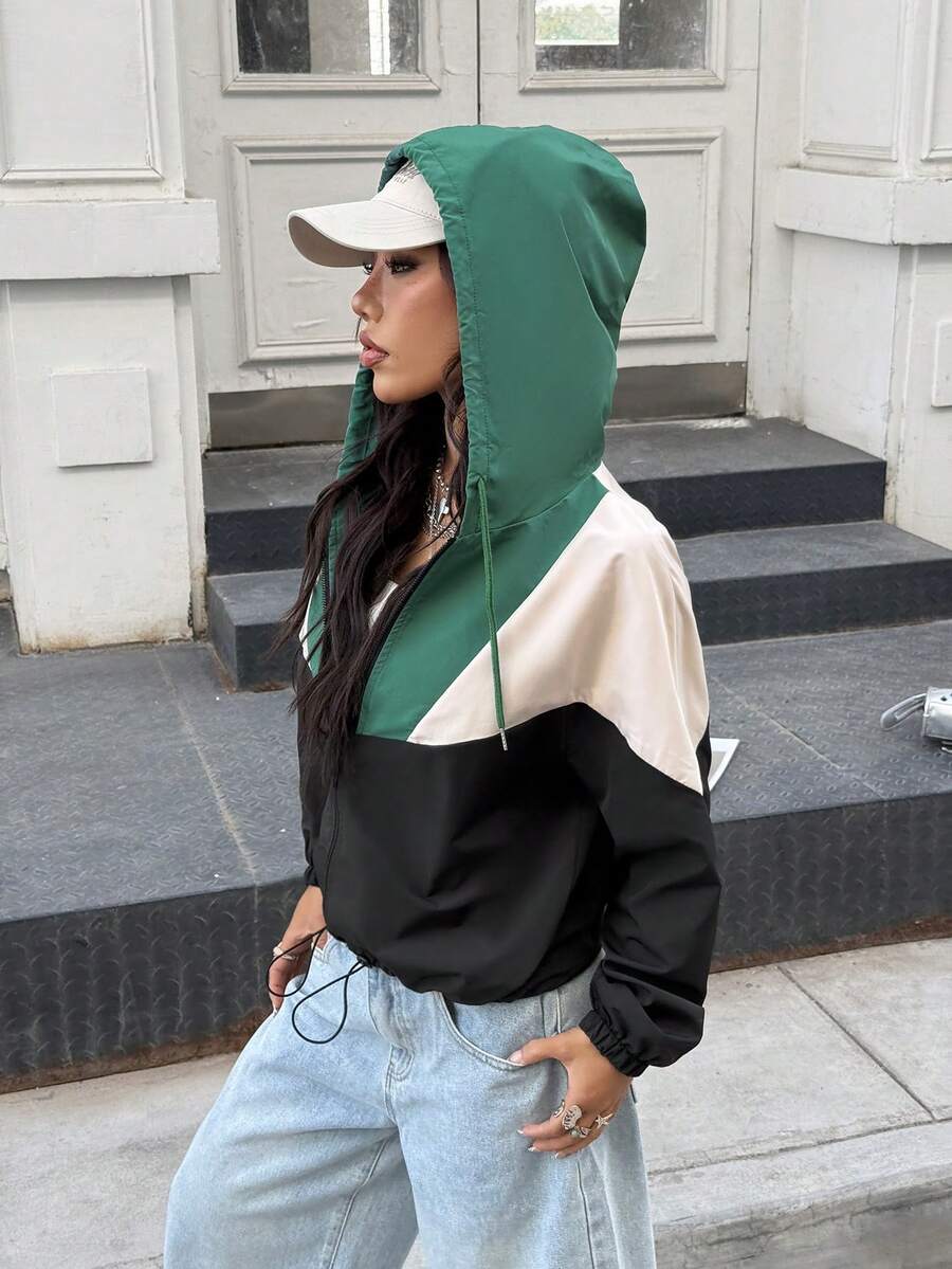 SHEIN EZwear 秋冬款拼色拉链抽绳连帽夹克