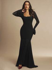 Silquee Váy dài tay bèo nhún cổ vuông màu đỏ tía gợi cảm thanh lịch, thích hợp cho những buổi hẹn hò lãng mạn, đám cưới, tiệc tùng, mặc hàng ngày, tiệc tùng, tụ tập, đi chơi đêm, câu lạc bộ đêm, sự kiện cocktail - màu đen - Xem 3