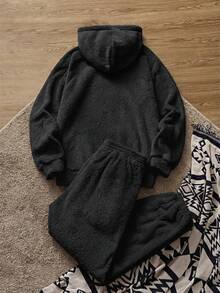 SWAVVY Men's Fashionable Fleece Hooded Sweatshirt Casual Suit, Autumn/Winter - Black - View 2