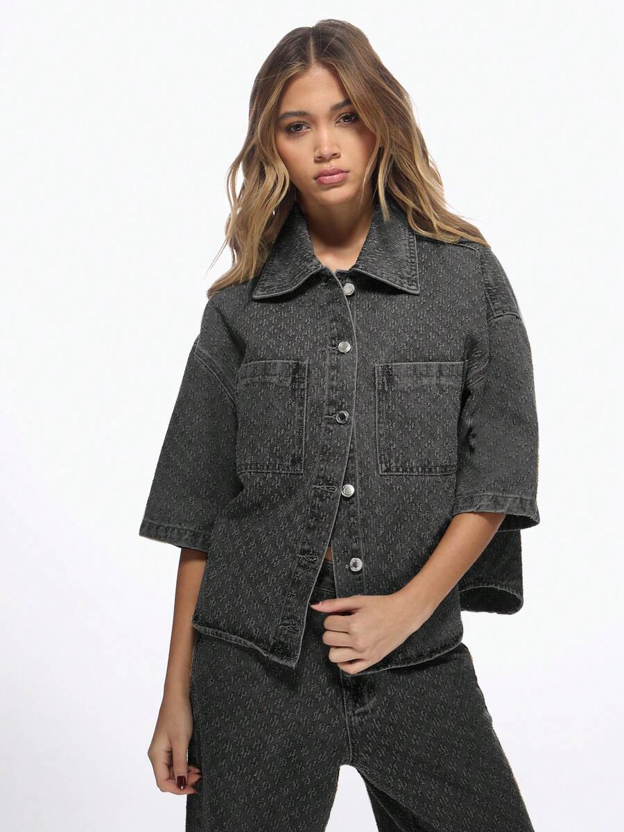 MISSGUIDED Oversized Nibbled Denim Button Up Shirt Collared Long Sleeve Distressed Vintage Washed Jean Jacket Top With Chest Pockets - Dark Grey - View 1