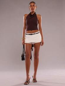 SHEIN BAE Women's Solid Color Plunging Neckline Sleeveless Backless Fitted Cropped Tank Top - Coffee Brown - View 3