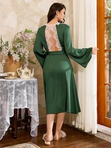 Elegant French Luxurious Embroidered Floral Lace Trim Olive Green Women Robe - Dark Green - View 3