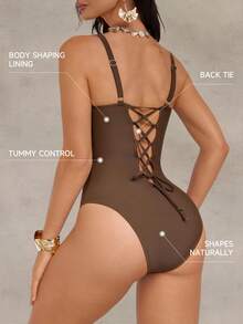 Shapewave 1pc Brown Metal Buckle One-Piece Tummy Control Pushup Backless Slimming Swimsuit For Women - Brown - View 2
