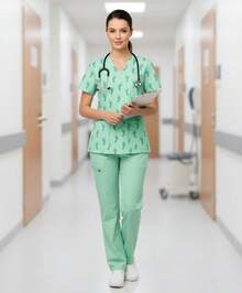 Filipina médica estampado huellitas azul para mujer, uniforme clínico cómodo, ligero y resistente para enfermería y consultorios - Verde - Ver 1