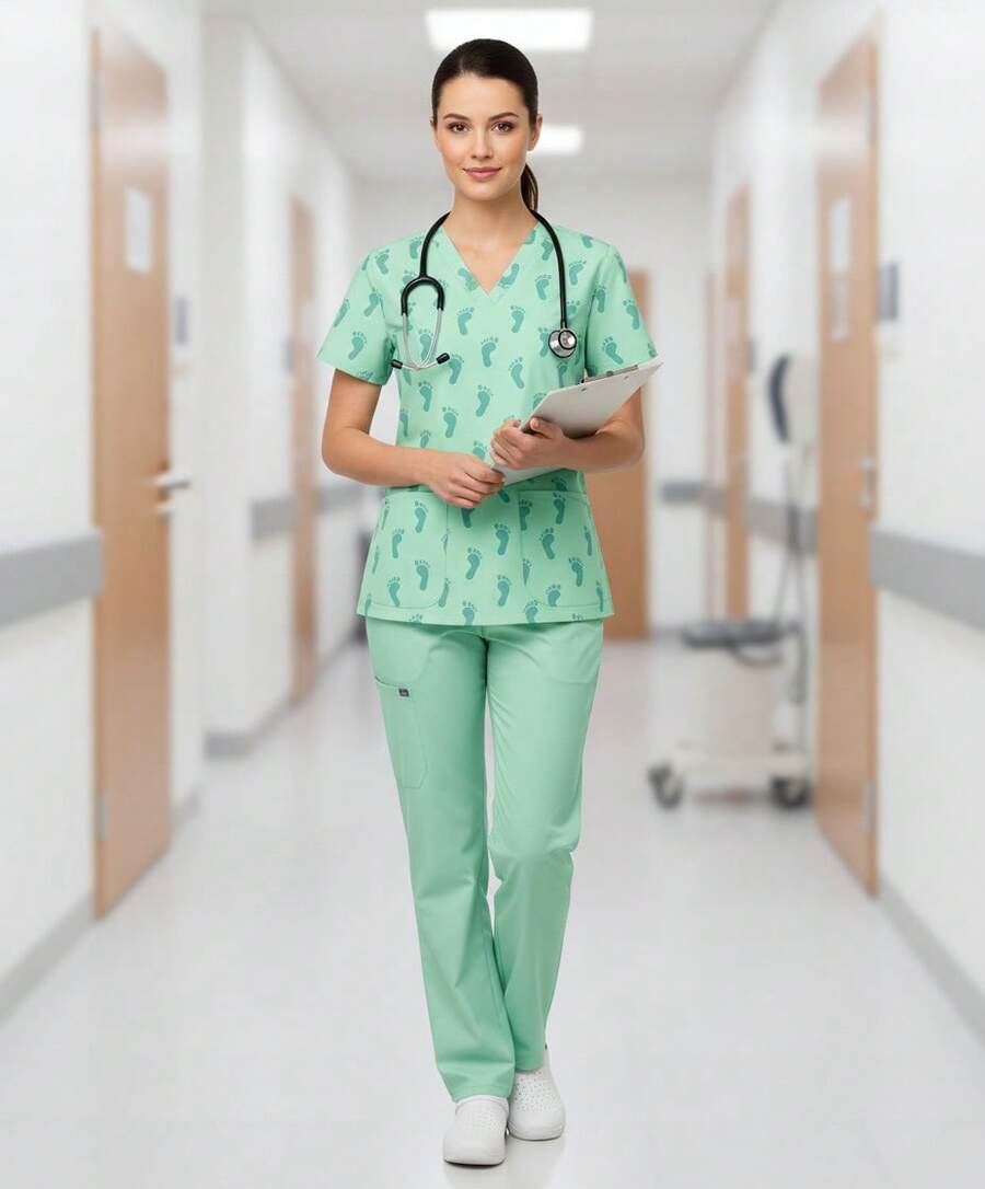 Filipina médica estampado huellitas azul para mujer, uniforme clínico cómodo, ligero y resistente para enfermería y consultorios - Verde - Ver 1