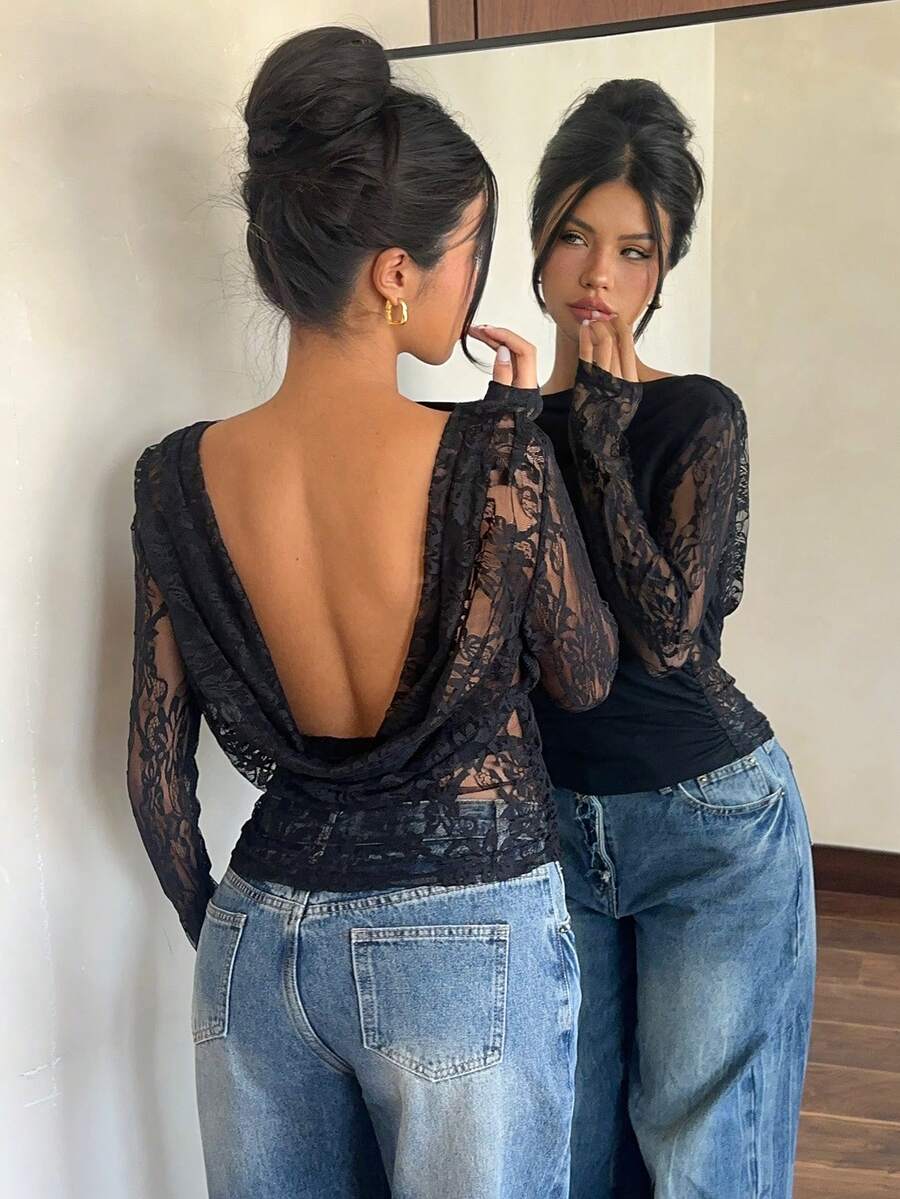 Siren Gaze Áo thun dài tay màu đen trơn, cổ chữ V sâu, viền ren, gợi cảm, thích hợp mặc thường ngày mùa xuân hè, dịp Valentine, kỳ nghỉ xuân, đi chơi, áo cổ xếp, hở lưng, thích hợp cho buổi hẹn hò, lễ hội âm nhạc, tiệc tùng. - màu đen - Xem 1