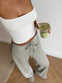 FavEase Pantaloni casual da donna a vita bassa con coulisse e bottoni anteriori, gamba ampia