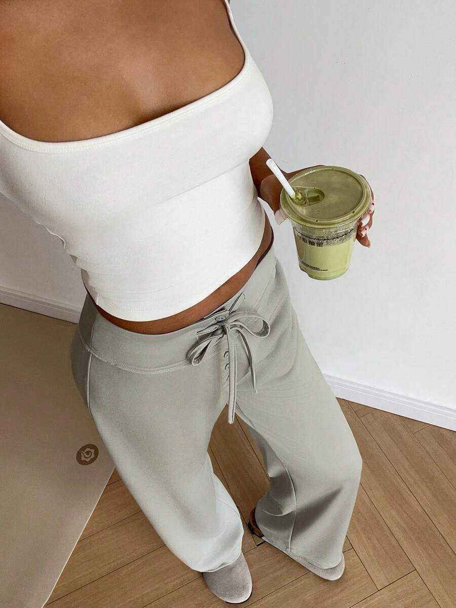 FavEase Pantaloni casual da donna a vita bassa con coulisse e bottoni anteriori, gamba ampia