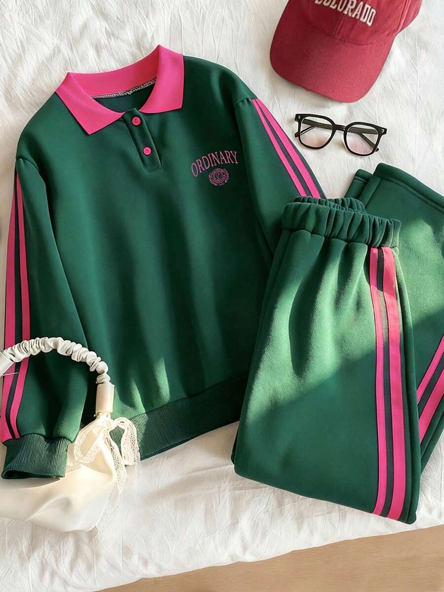 2 件套女童休闲简约 Polo 领运动衫套装，袖子和裤脚两侧有白色编织带，正面有刺绣装饰，适合上学、郊游、散步 - 綠色 - 查看 1