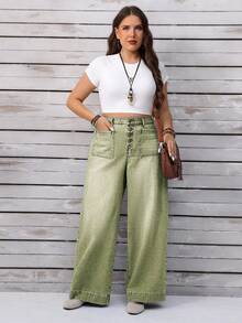 EMERY ROSE 大码女式宽松休闲牛仔阔腿裤，带纽扣腰带 - 綠色 - 查看 6