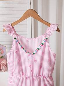 SHEIN Sparklyn Mono informal y lindo con volantes y lazo en las mangas para niñas - Rosa - Ver 4