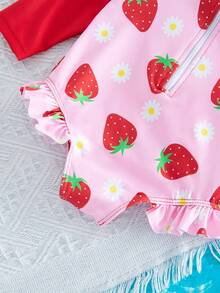 SHEIN Baby Girl Colorblock Strawberry Print One-Piece Swimsuit, Beach/Resort - Pink - View 5