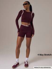 Musera Sport Pantalones cortos ajustados con diseño cruzado al frente y ribetes contrastantes, ropa deportiva de invierno para gimnasio y actividades al aire libre, verano - Burdeos - Ver 4