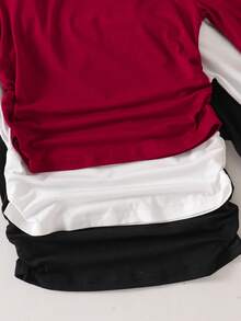 Bộ 3 áo thun dài tay cổ tròn in họa tiết nơ cho bé gái, áo thường ngày mặc hàng ngày, mùa thu - Màu Đỏ Sâu - Xem 4