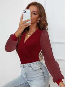 Zolique Autumn New Sexy Slim Metallic Mesh Patchwork Ribbed V-Neck Long Sleeve Bodysuit For Women - Burgundy - View 4