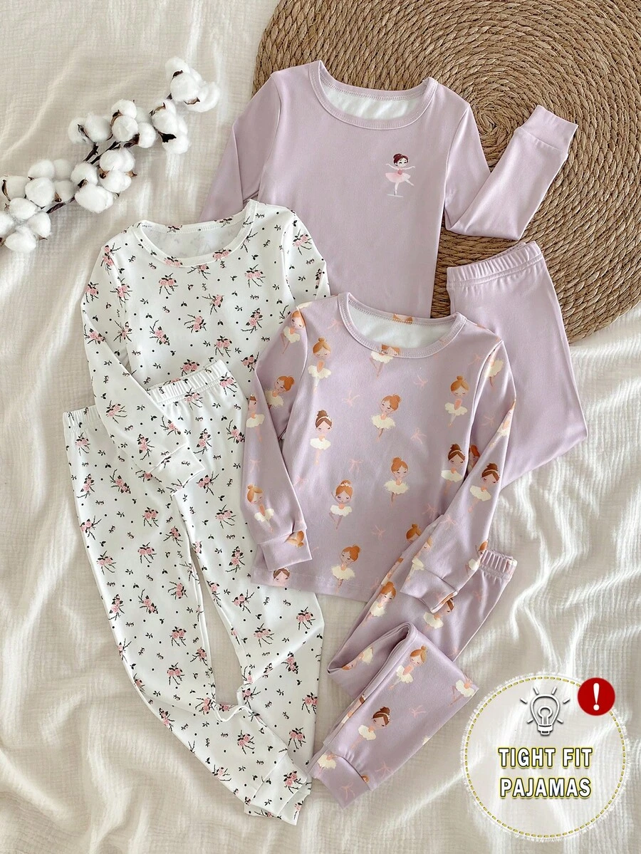 SHEIN Vintaside Kids 6件套女童修身套装,简约时尚,碎花长袖,柔软舒适,3套可爱清新家居服 - 淡紫色 - 查看 1
