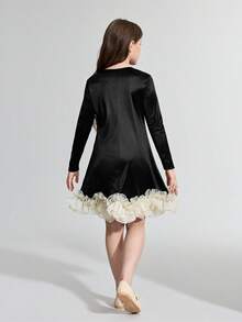 Maija Kids Tween Girl Knit Color Block Rhinestone Decor Round Neck Long Sleeve Casual Elegant Dress - Black - View 2