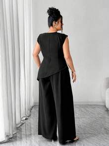 Elenzga 大码女式两件套，无袖上衣配肩带装饰和阔腿裤，优雅荷叶边袖设计，适合返校、毕业典礼、情人节、音乐节、母亲节、万圣节、感恩节、复活节、国庆节、舞会、约会、婚礼、户外活动等场合。 - 黑色 - 查看 2