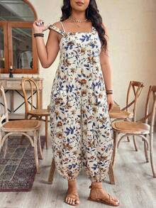 EMERY ROSE Plus Size Women's Adjustable Waist Printed Jumpsuit, Fashionable For Spring/Summer Vacation - Apricot - View 4