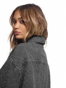 MISSGUIDED Oversized Nibbled Denim Button Up Shirt Collared Long Sleeve Distressed Vintage Washed Jean Jacket Top With Chest Pockets - Dark Grey - View 4