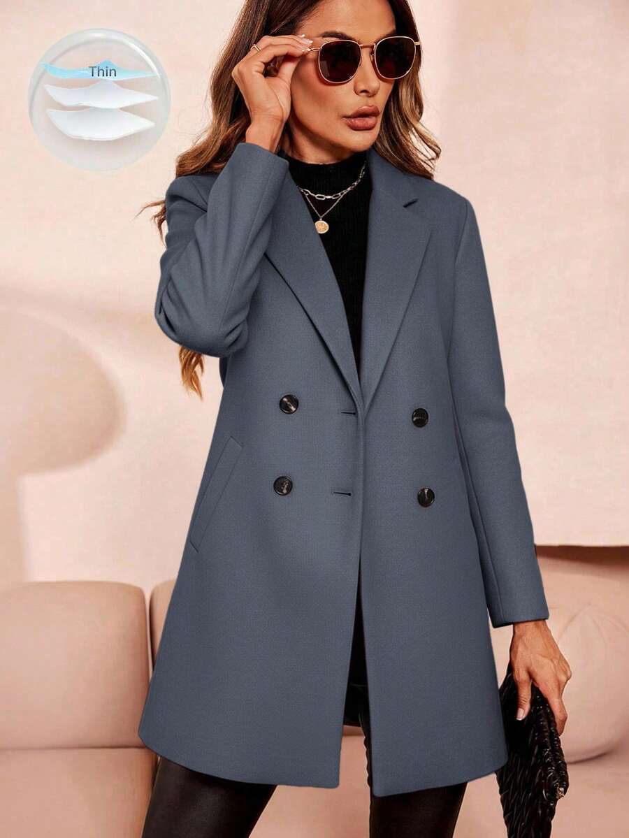 SHEIN Clasi 女士秋冬双排扣羊毛大衣 - 霧霾藍 - 查看 1