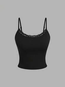 Sweetra New Slim Fit Stretchy Lace Trim Sexy Camisole Top For Women, Spring/Summer - Black and White - View 16