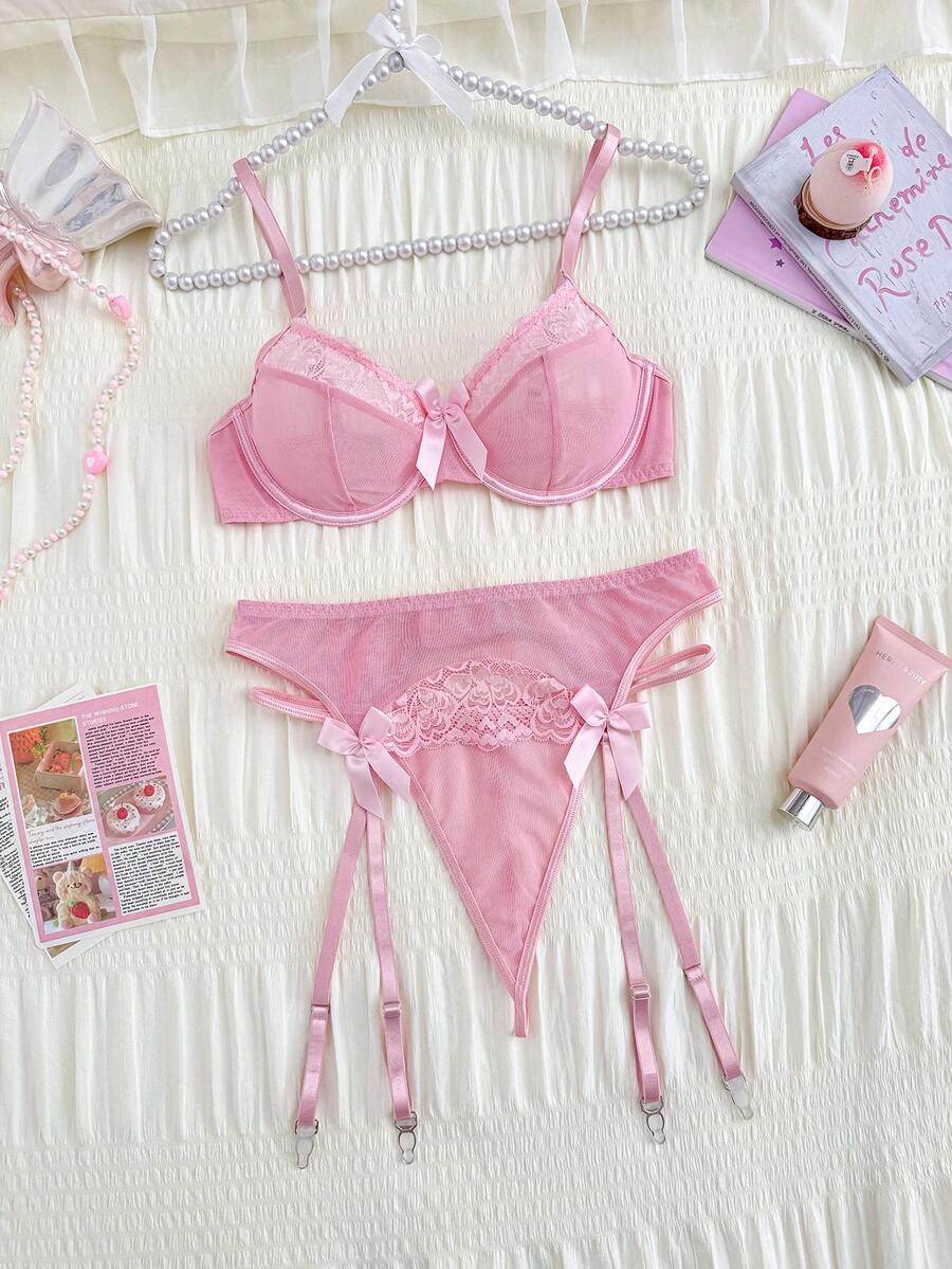 SHEIN 5pcs/Set Sexy Lace & Mesh Lingerie Set For Women (Includes Underwire Bra, G-String, Waist Belt, 2pcs Fishnet Stockings) - Pink - View 1