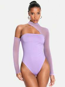 SHEIN BAE Black Mesh Patchwork Asymmetric Bandeau Bodysuits Women Jumpsuits & Rompers, Concert Outfits, Festival Tops - Mauve Purple - View 3