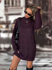 Chiquease Solid Color Turtleneck Ribbed Knit Long Sleeve Sweater Dress - Red Violet - View 4
