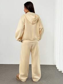 SHEIN PETITE Women's Casual Loose Zip-Up Long Sleeve Top And Pants 2 Pieces Set,Fall,Fall Clothes For Women Yellow - Light Yellow - View 3