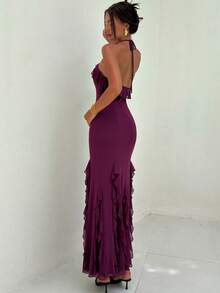 Aloruh 女士浪漫荷叶边系领修身连衣裙 - 中紫紅色 - 查看 2